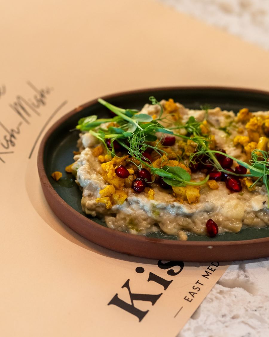 Aubergine meze with pomegranate seeds