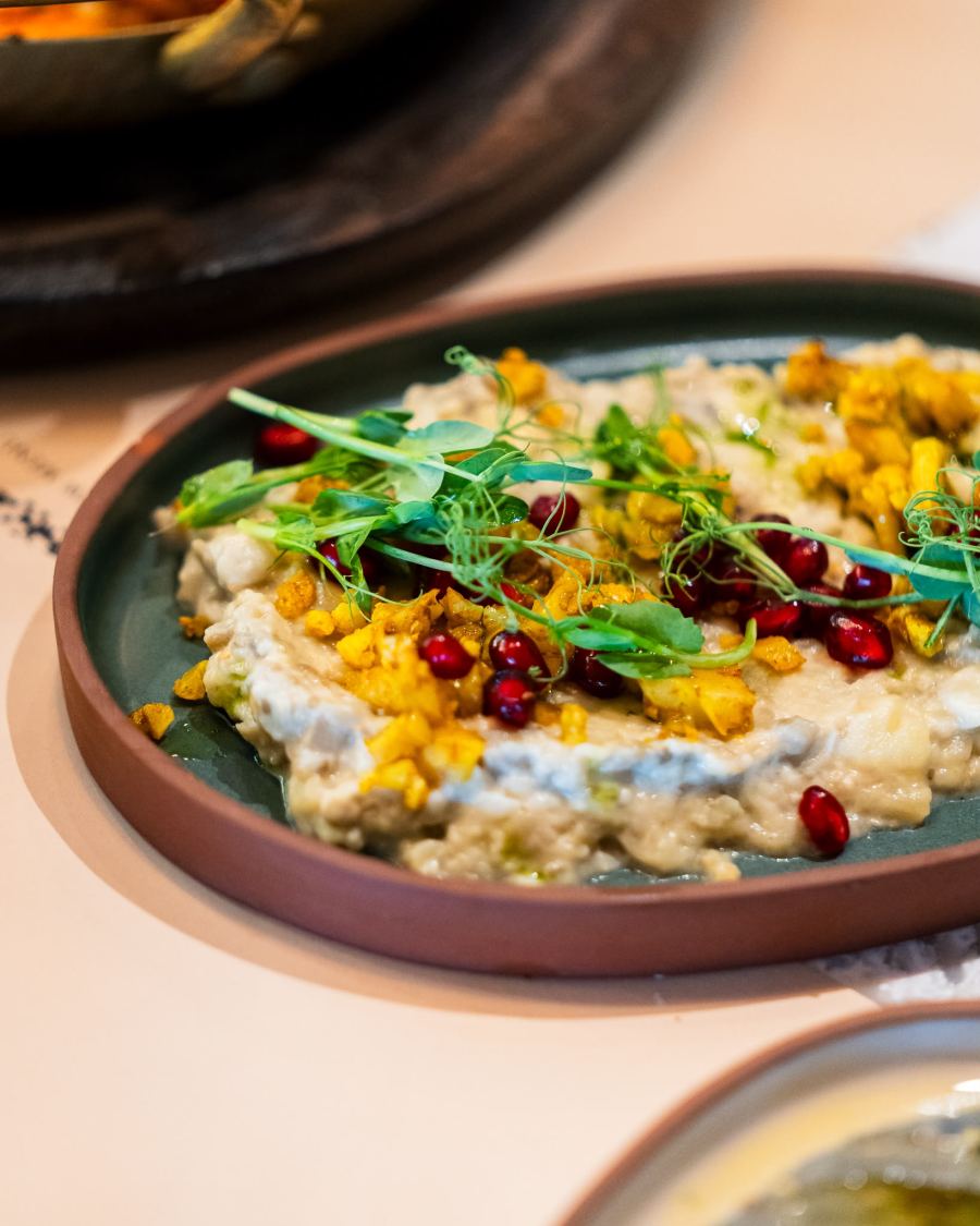 Aubergine meze with pomegranate seeds
